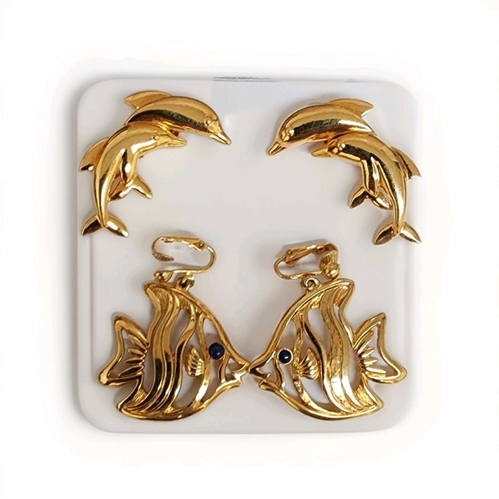 Avon Vintage Clip On Earrings Statement Bold Gold Tone Dolphin Angel Fish Lot 2